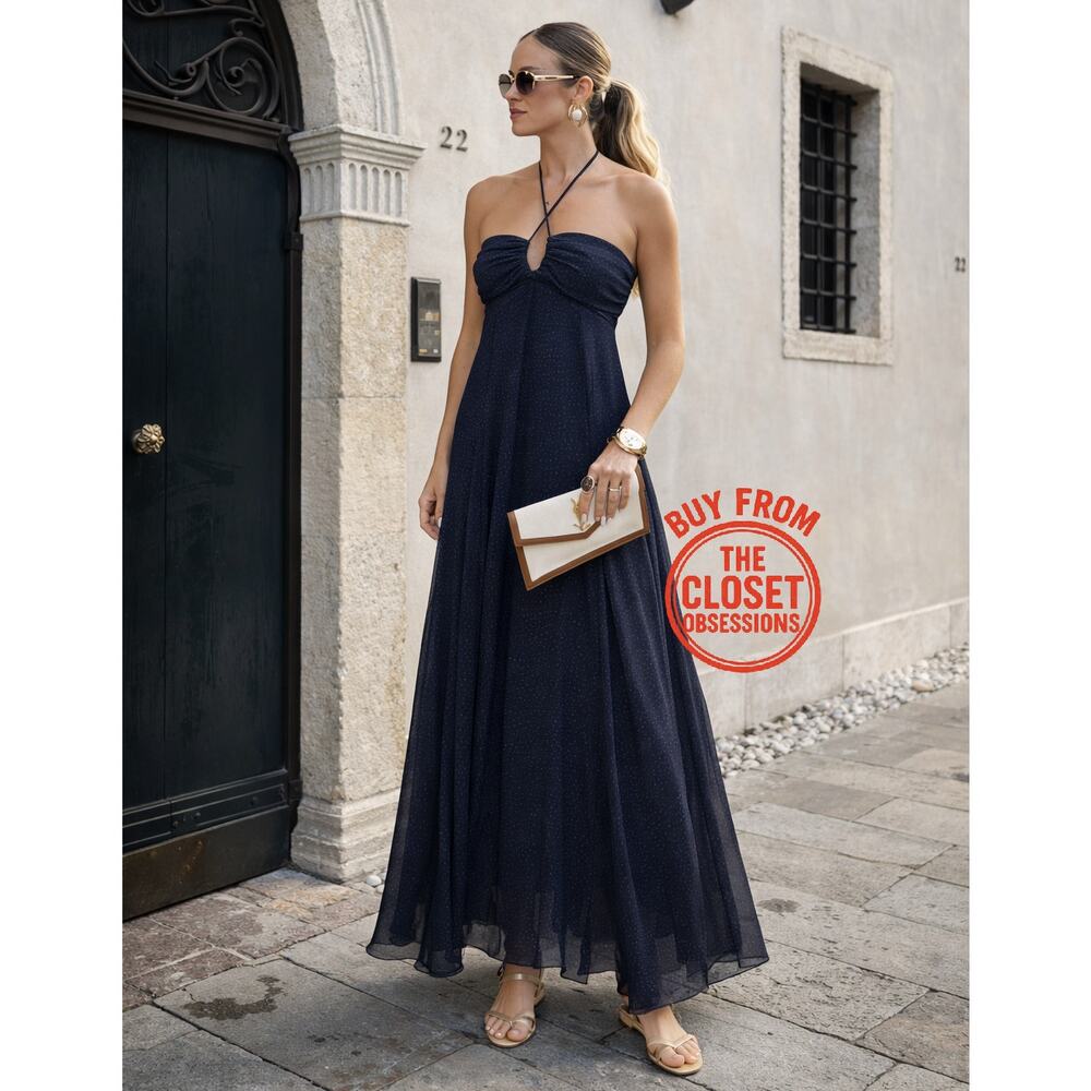 ZARA Draped V-Neck Maxi Dress NWT – Navy Blue Evening Gown, Size L & XL